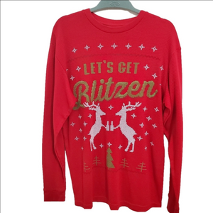Christmas thermal cotton long sleeve red shirt. LET'S GET BLITZEN. Size large